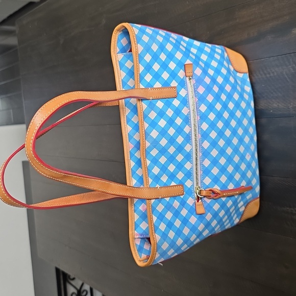Dooney & Bourke Blue Zip Top Gingham Canvas Tote Shoulder Bag Tan Leather Accent - Picture 2 of 14